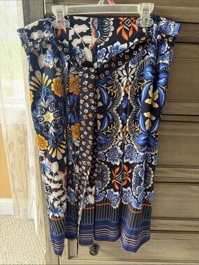 Floral Print Navy and Blue Midi Skirt with Belt